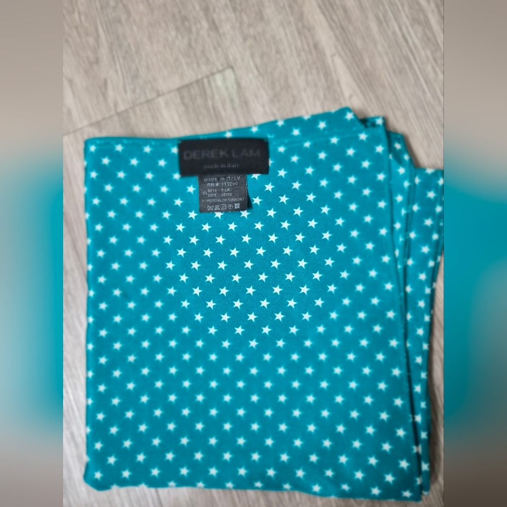 Derek Lam 100% Silk Square Scarf – Teal Blue Star Print – Made in Italy.
